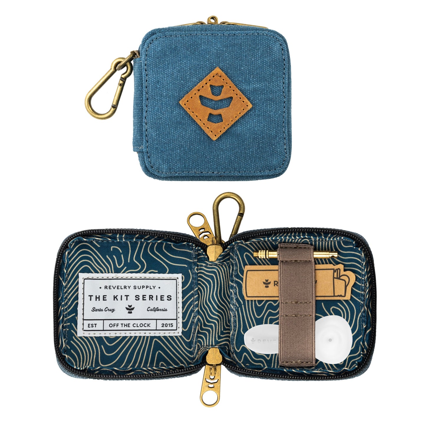 Blue and black patterned case with gold accents and a visible brand label on a white background