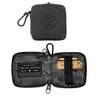 Black zippered pouch with geometric pattern and brand logo on a white background