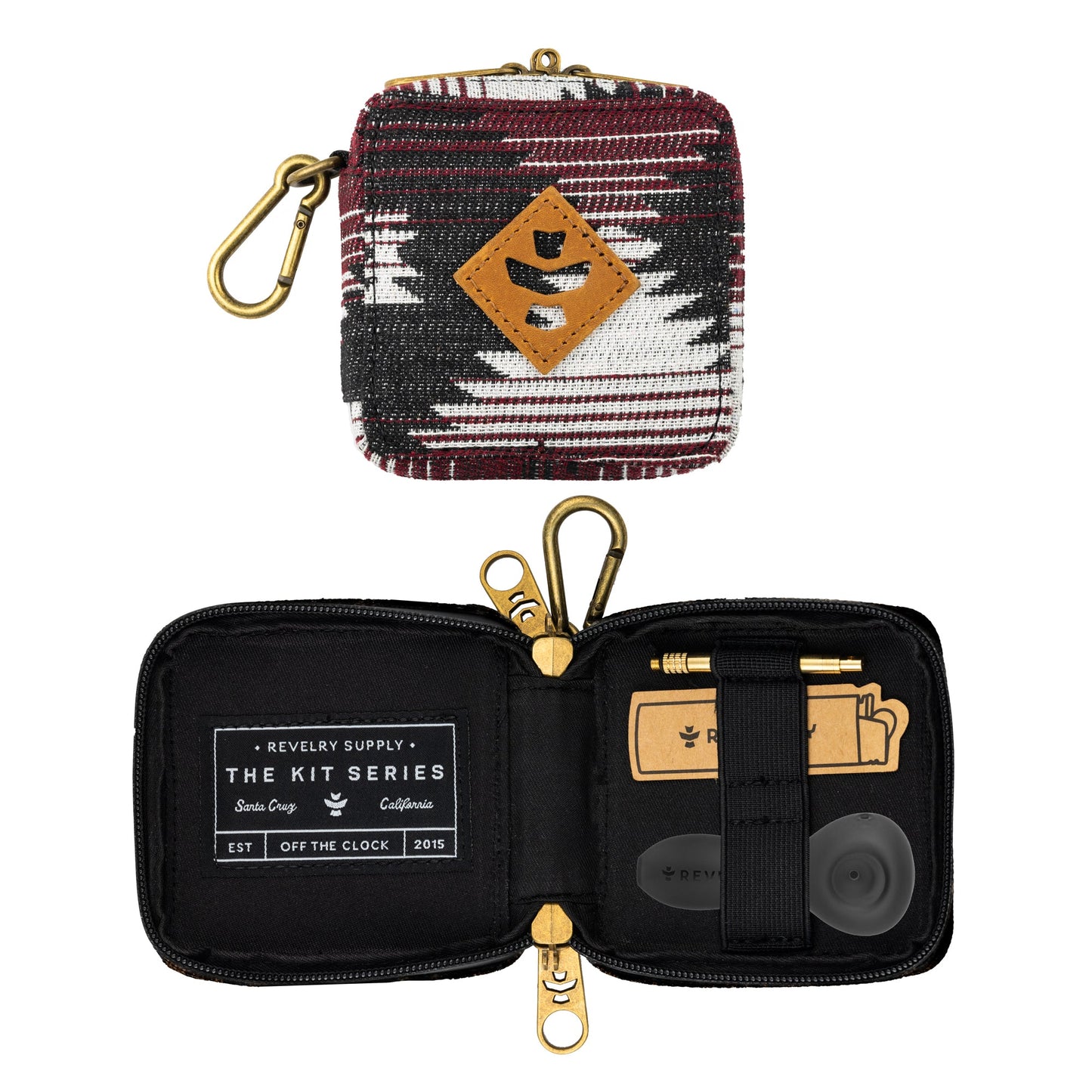 Small pouch with geometric pattern and gold clasp on a white background